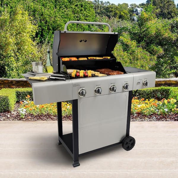 Kenmore 4 Burner Open Cart Propane Gas BBQ Grill with Side Burner, Stainless Steel