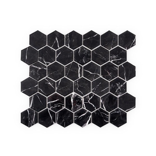 Hollow 2 in. Hex Black 12.375 in. x 10.75 in. Hexagon Gloss Glass Mosaic Wall Tile (18.47 sq. ft./Case)