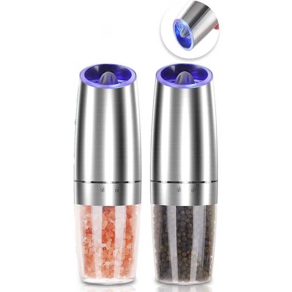 Automatic Salt and Pepper Grinder Set Adjustable Ceramic Mill Gravity Sensor Blue LED Stainless Steel Sliver Two Piece