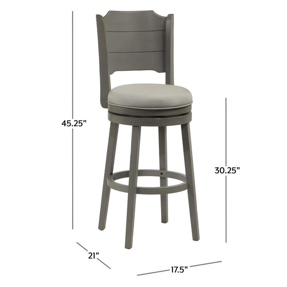 Clarion Distressed Gray Wood Swivel Barstool with Fog Gray Upholstery