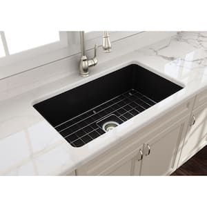 Sotto Undermount Fireclay 32 in. Single Bowl Kitchen Sink with Bottom Grid and Strainer in Matte Black