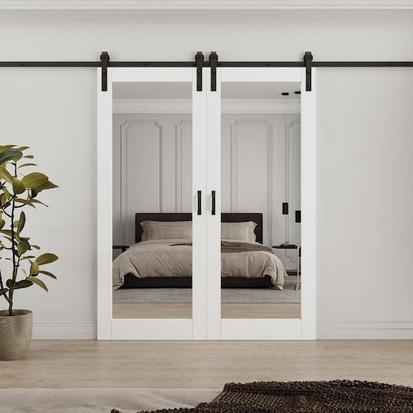 64 in. x 96 in. (Double 32 in. ) Paneled White Mirrored Glass Primed MDF Sliding Barn Door with Hardware Kit