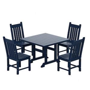 Hayes 5-Piece HDPE Plastic All Weather Outdoor Patio Square Trestle Table Dining Set with Side Chairs in Navy Blue