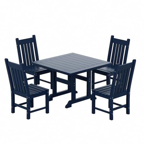 WESTIN OUTDOOR Hayes 5-Piece HDPE Plastic All Weather Outdoor Patio Square Trestle Table Dining Set with Side Chairs in Navy Blue