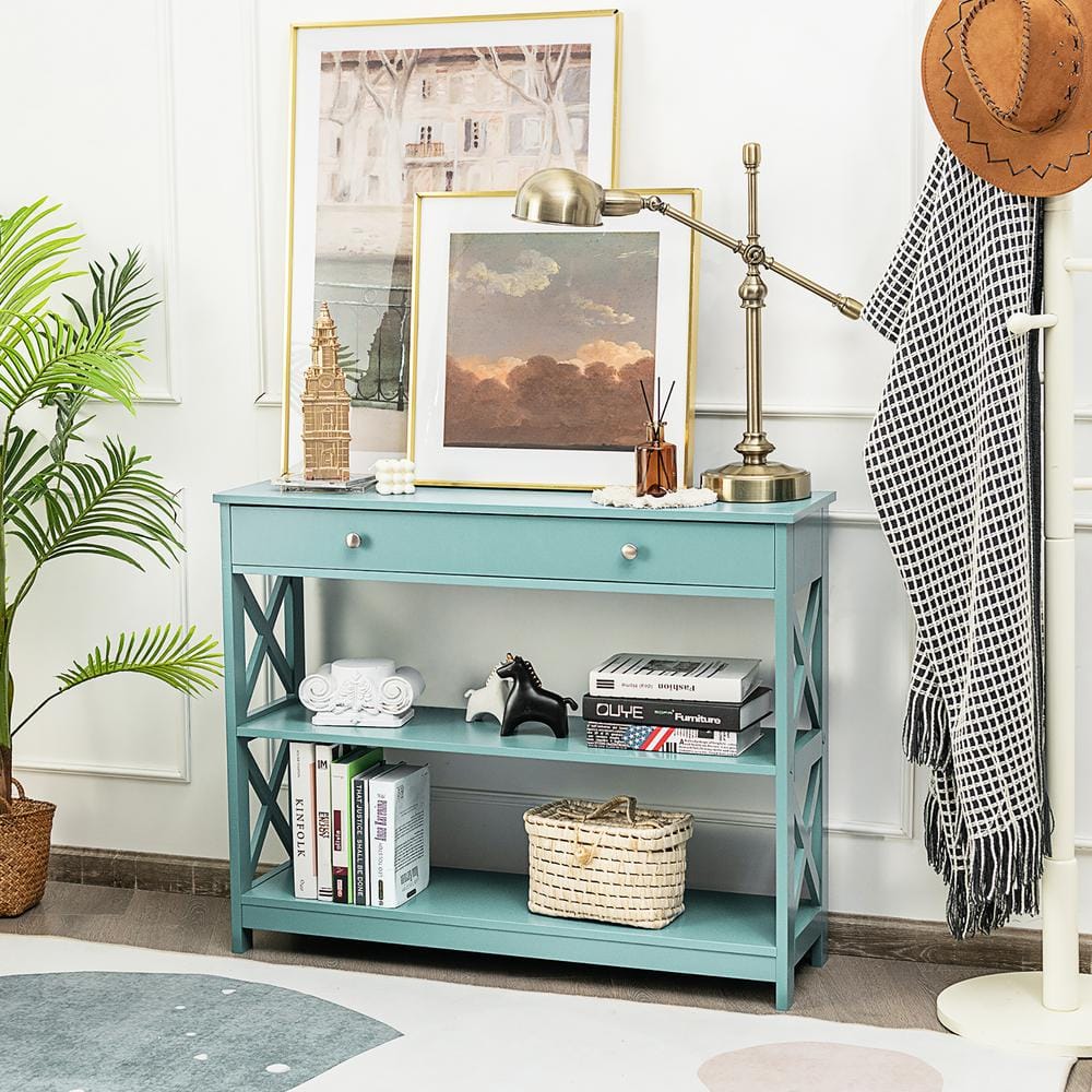 Modern Turquoise 3-Tier Console Table with Storage Drawer