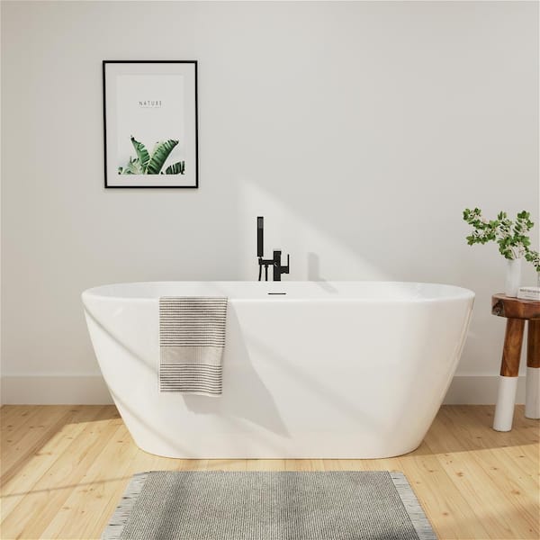 59 in. Acrylic Freestanding Flatbottom Bathtub Soaking SPA Stand Alone Seamless Tub in White