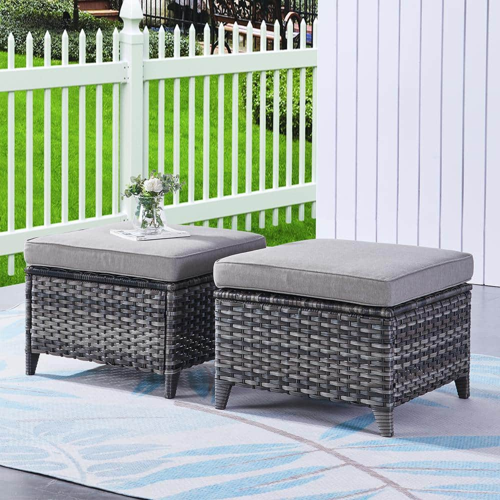 Pocassy 2Pack Wicker Outdoor Ottoman Steel Frame Footstool with