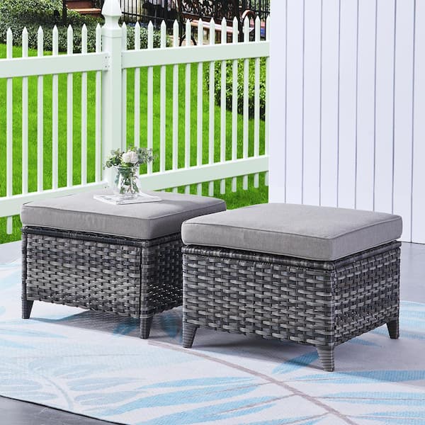 Pocassy 2-Pack Wicker Outdoor Ottoman Steel Frame Footstool with Removable Cushions Gray/Gray