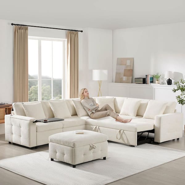 117 in. Modular Chenille Sectional Sofa Bed with Flip-up Table Panel, Reading Lamp, Charging Ports, Ottoman - Cream