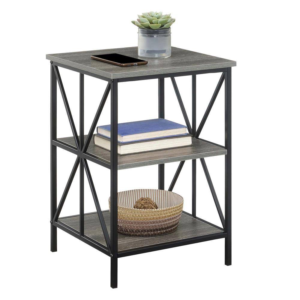 Weathered Gray Starburst 16" Metal & Wood End Table with Shelves