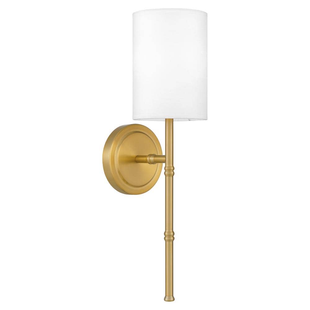 Dorsett Aged Brass Dimmable Wall Sconce with White Fabric Shade