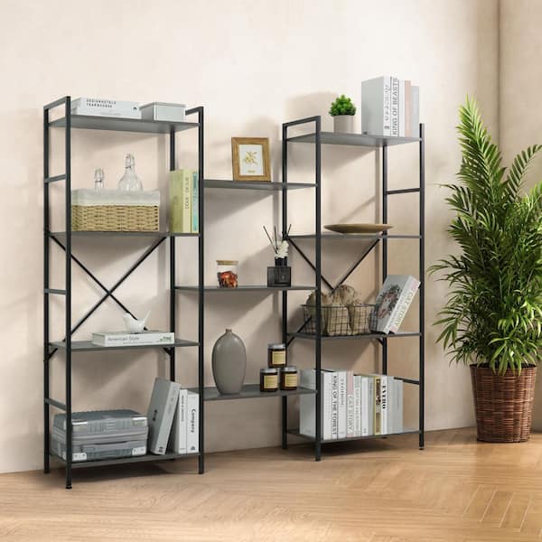 54.9 in. Tall Dark Grey Metal 11-Shelf Triple Column 4 Tier Bookcase