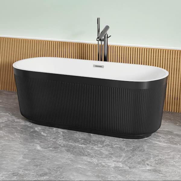 59 in. x 30 in. Acrylic Freestanding Soaking Bathtub Unique Pleated Design in Black with Chrome Overflow Drain Bathtub