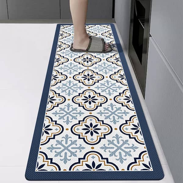 19.69 in. x 59.06 in. Blue PU Leather Non-slip Floor Mat, Indoor Anti Fatigue Rug, Easy to Clean, Waterproof Mat