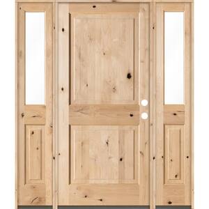 64 in. x 80 in. Rustic Knotty Alder Unfinished Left-Hand Inswing Prehung Front Door with Double Half Sidelite