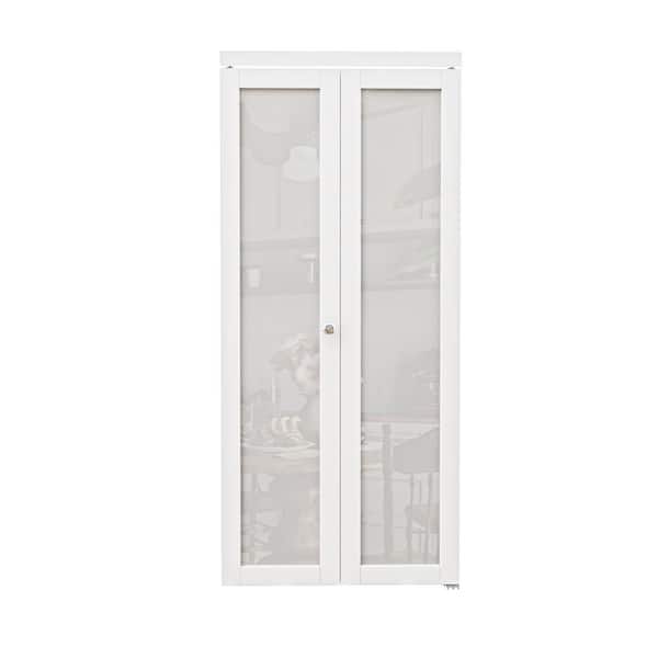 ARK DESIGN 36 in. x 80 in. 1-Lite Tempered Frosted Glass Solid Core White Finished MDF Interior Closet Bi-Fold Door with Hardware