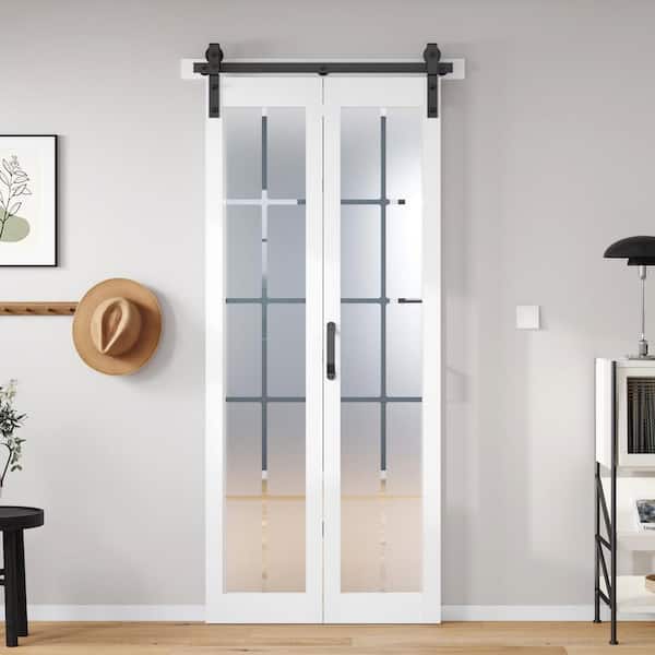 36 in. x 84 in. Full Lite Pre Assembled Frosted Glass Solid Core Wood White Finished Bi-Fold Door with Hardware