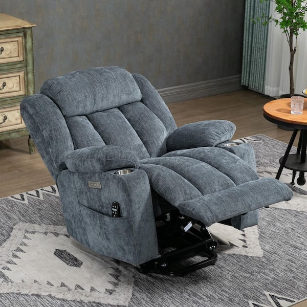 Blue Durable Chenille Power Lift Recliner Chair with Massage and Heating, USB and Type-C Ports