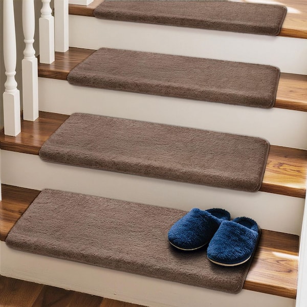 Soft Plush Brown 9.5 in. x 30 in. x 1.2 in. Bullnose Indoor Stair Tread Cover Tape Free Non-slip Carpet Set of 14