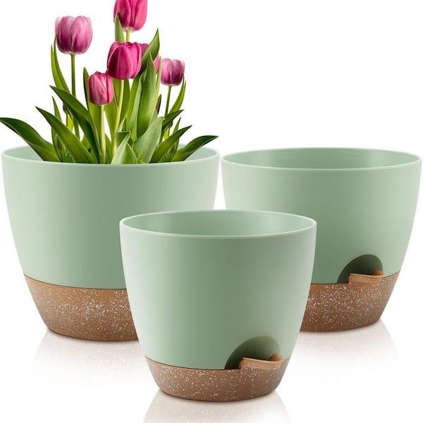 Self Watering Plant Pots with Drainage Holes and Saucers Modern Plastic Planter for Indoor Outdoor Use 3-Pack