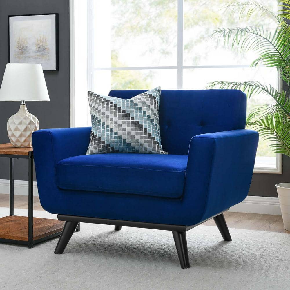 Navy Spot 40" Plush Velvet Tufted Armchair with Black Wood Legs