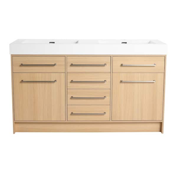 60 in. Freestanding Original Oak Bath Vanity with Double White Cultured Marble Top Assembled