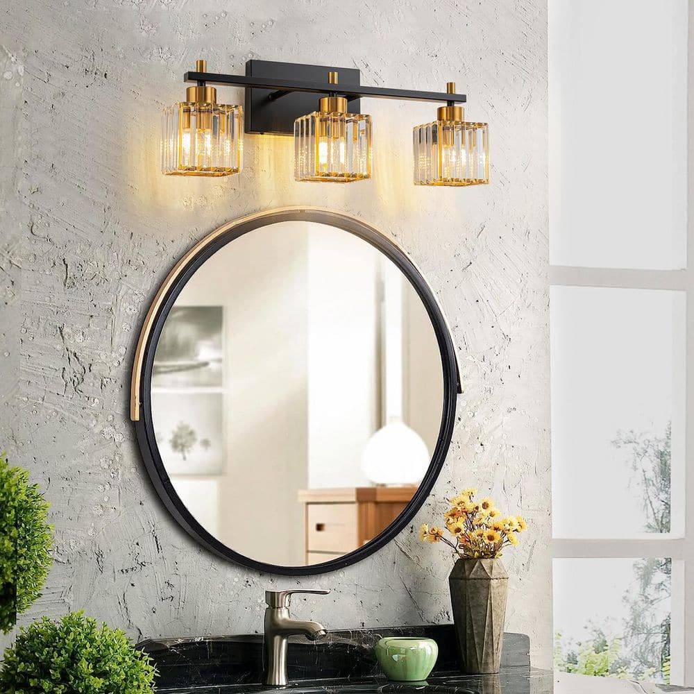 20.47 in. 3-Light Matte Black and Gold Linear Wall Vanity Light with ...