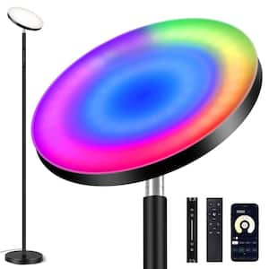 71 in. Classic Black RGB Dimmable LED Light and Color Temperature Torchiere Floor Lamp with Remote Control