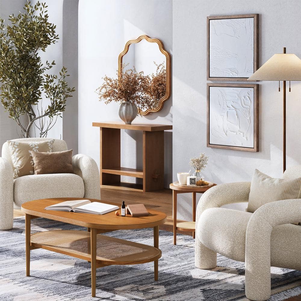 Honey Brown Oval Wood Coffee Table with Storage Shelf