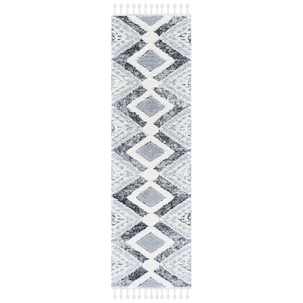 Moroccan Tassel Shag 2 ft. x 10 ft. Gray/Ivory Ornate High-Low Diamond Runner Rug