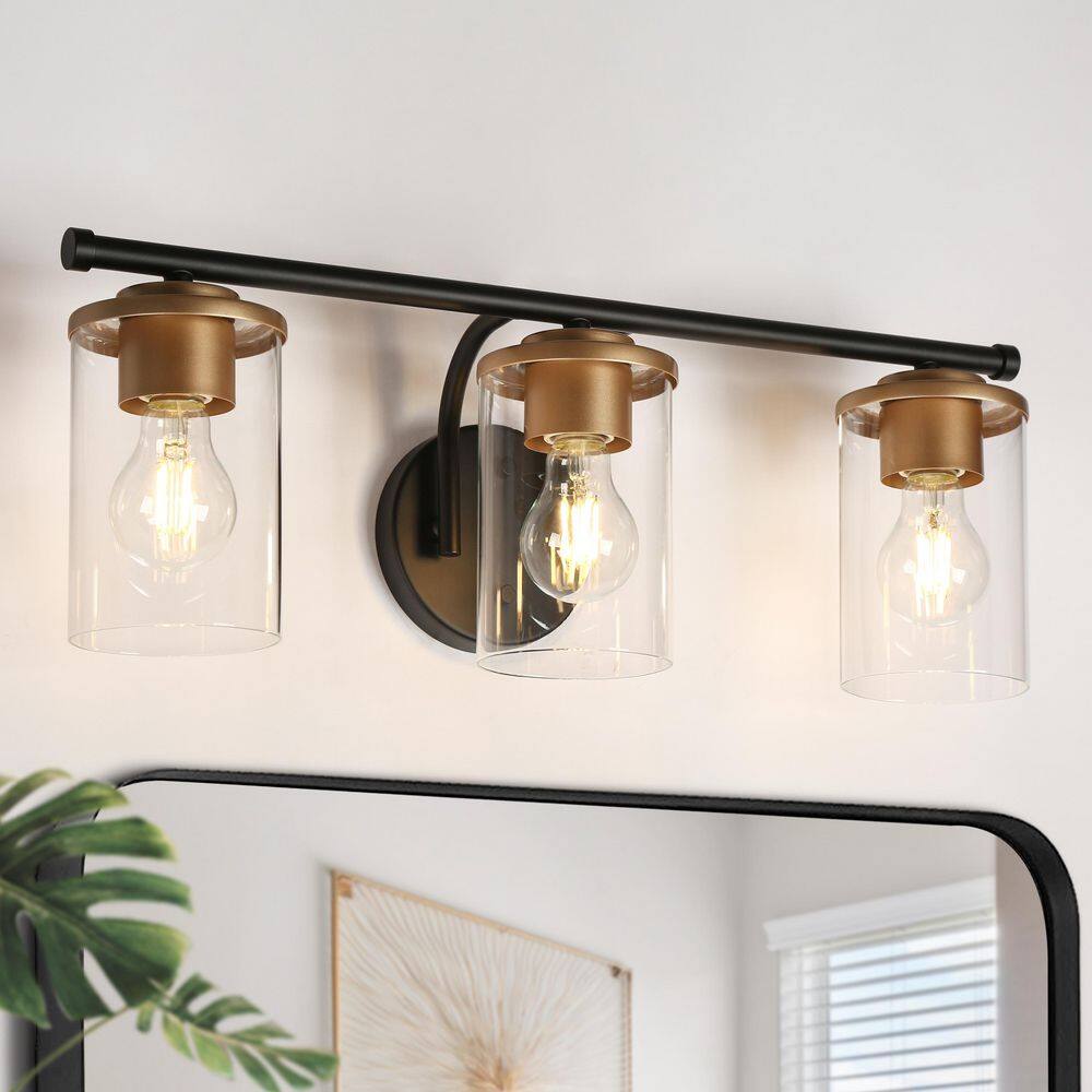 Modern 21.75 in. Matte Black and Satin Gold 3-Light Vanity Light with Cylinder Clear Glass Shades, Bathroom Wall Light price history on PriceWatchPro