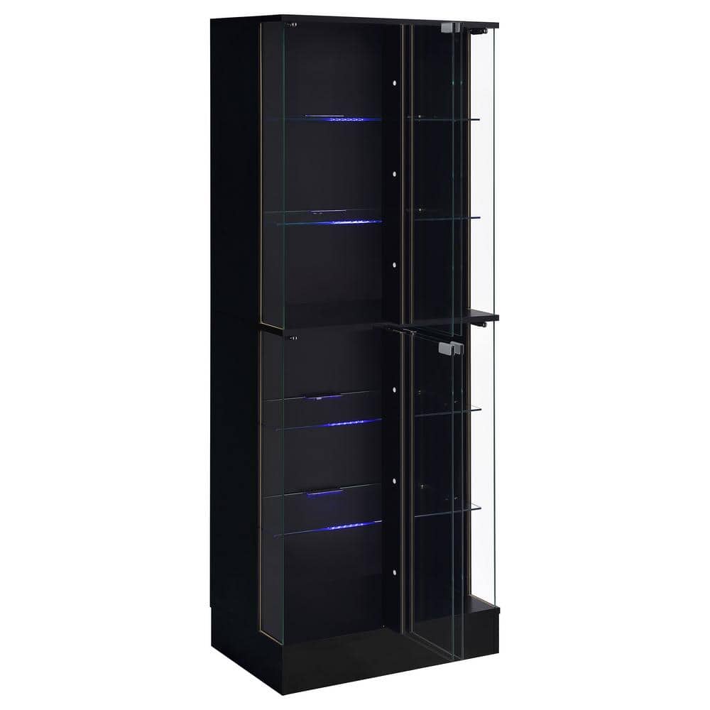 Black High Gloss Wood Curio Cabinet with Glass Shelves and LED Lighting