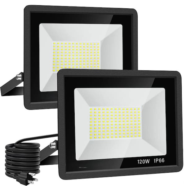 120W Black Plug-In Integrated LED Landscape Flood Light, 12000 Lumens IP66 Waterproof 6000K Super Bright Light (2-Pack)