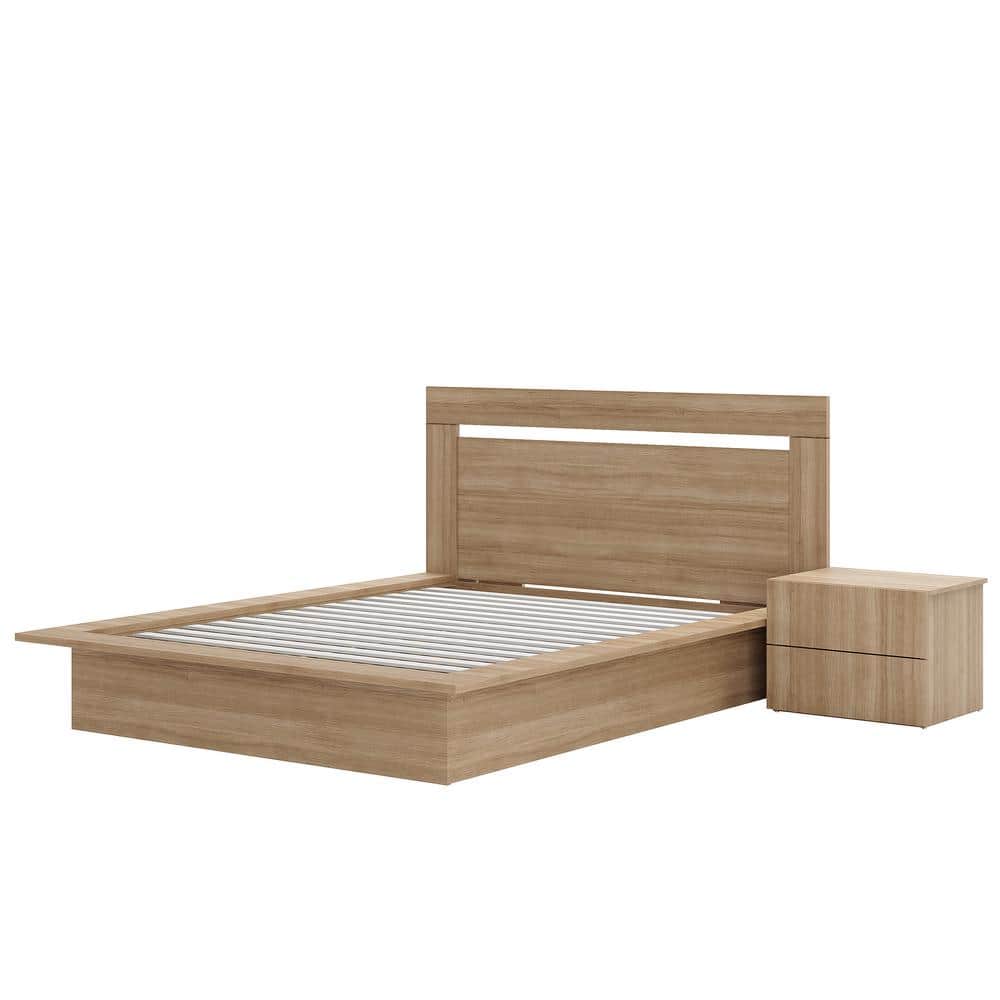 Malibu Light Brown Oak 3-Piece Bedroom Set with Platform Bed and Nightstand