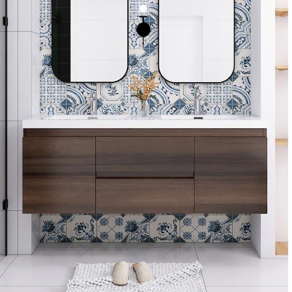 Staykiwi 59 in. W x 19.7 in. D x 22.5 in. H Double Sinks Wall Mounted Bath Vanity in Grey Oak White Cultured Marble Top