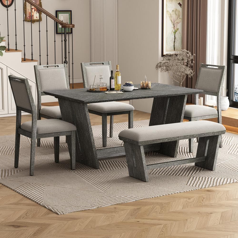 Qualler 6-Piece Rectangle Gray MDF Top Dining Table Set Seats 6