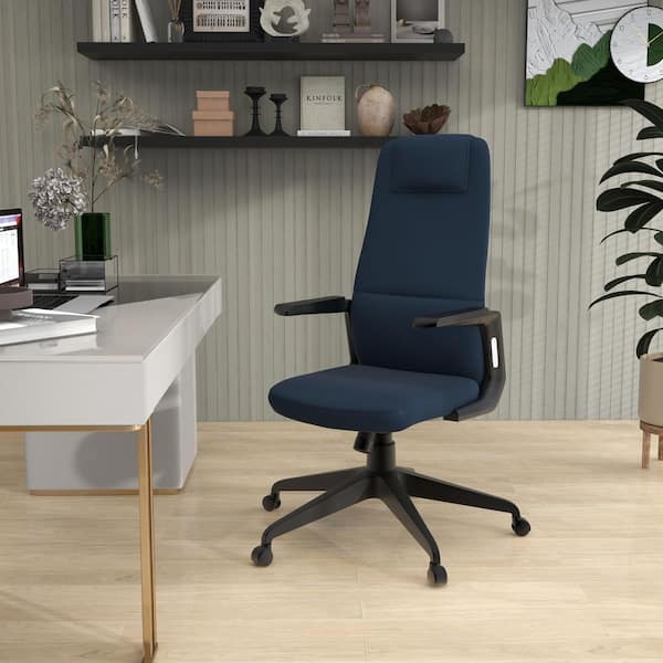 Leisuremod Nexa Leather Adjustable Height Swivel Tilt Ergonomic Office Chair in Navy Blue with Arms Modern Computer Chair in Steel