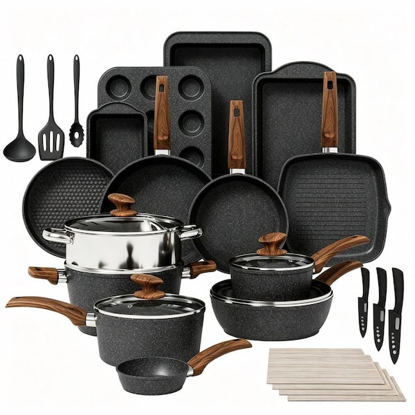 30 Piece Aluminum Nonstick Cookware Set in Black, Granite Coating Pots and Pans for Kitchen, Induction Cookware Sets