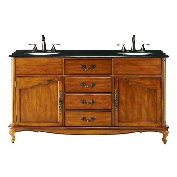 Home Decorators Collection Provence 62 in. W x 22 in. D Double Sink Vanity in Chestnut with Natural Marble Vanity Top in Black with White Sink