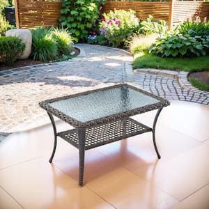 Carlos Brown Rectangular PE Wicker 20 in. Outdoor Coffee Table With Storage Glass Top Wicker Table