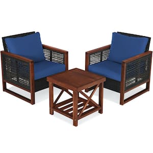 3-Piece Rattan Outdoor Patio Conversation Furniture Set with Navy Cushion