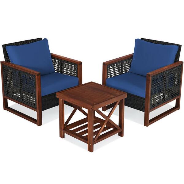 Gymax 3-Piece Rattan Outdoor Patio Conversation Furniture Set with Navy Cushion