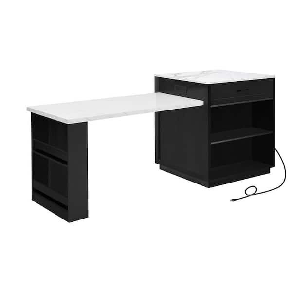 Black Wood 23.6 in. Kitchen Island with 2 Drawers and 2 Side Open Shelves for 4-6 Person