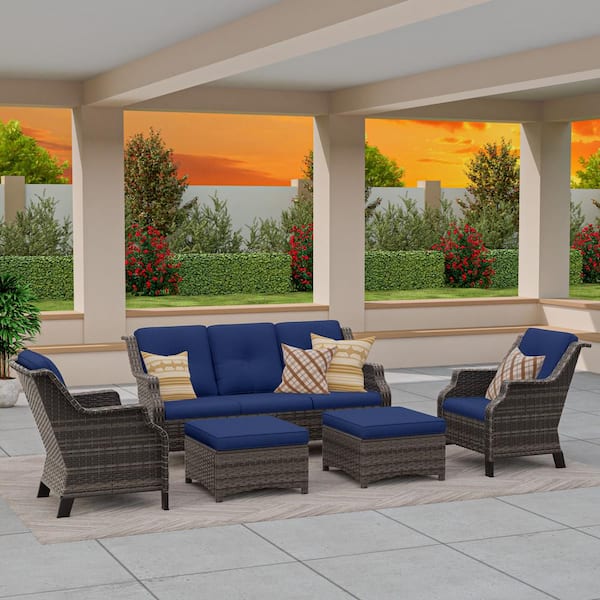 MeetLeisure 5-Piece Wicker Outdoor Patio Sofa Conversation Set Sectional Seating with Blue Cushions and Ottomans