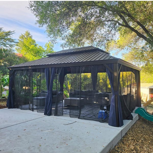 12 ft.x 20 ft.Bronze Aluminum Power-Coated Frame Galvanized Steel Double Roof Hardtop Gazebo,Hooks, Netting,Blue Curtain