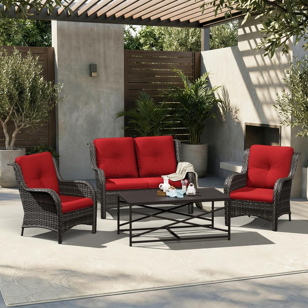 7-Piece Wicker Patio Conversation Seating Sofa Set with Orange Cushions, Brown Steel Coffee Table and Ottoman Footrest price history on PriceWatchPro