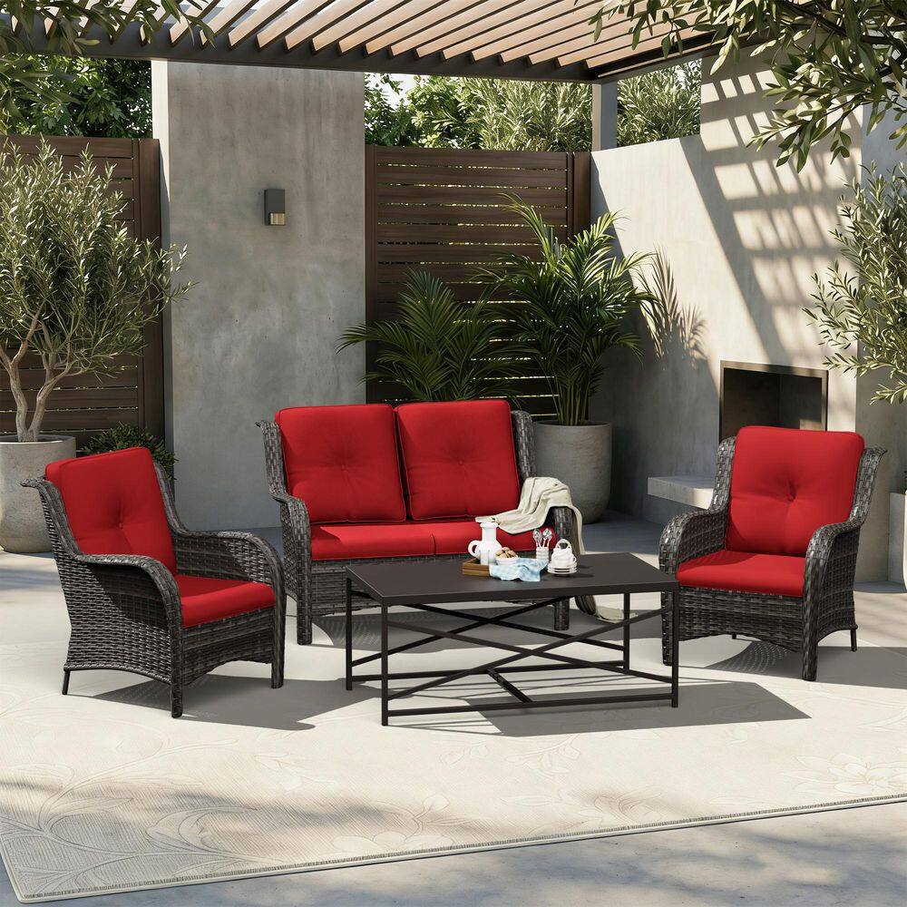 7-Piece Wicker Patio Conversation Seating Sofa Set with Red Cushions, Brown Steel Coffee Table and Ottoman Footrest price history on PriceWatchPro