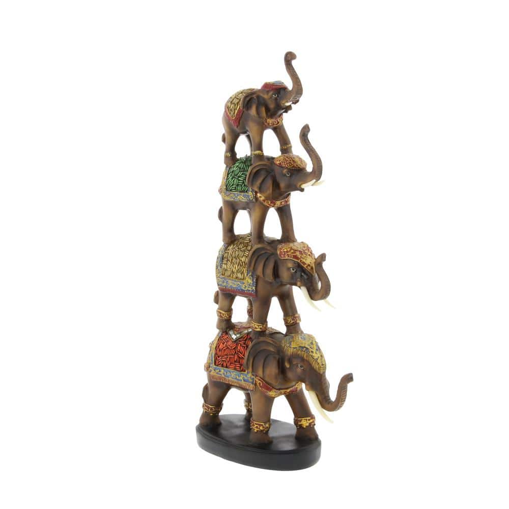 Brown Polystone Stacked Elephant Figurine with Colorful Patterns