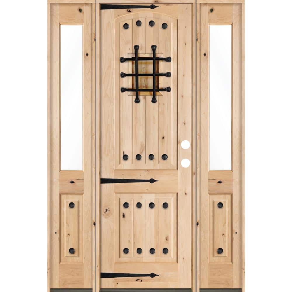58 in. x 96 in. Mediterranean Unfinished Knotty Alder Arch Left-Hand Half Sidelites Clear Glass Prehung Front Door price history on PriceWatchPro