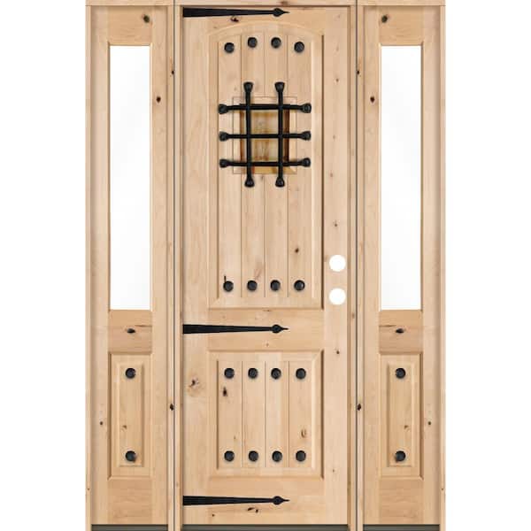 Krosswood Doors 60 in. x 96 in. Mediterranean Unfinished Knotty Alder Arch Top Left-Hand Half Sidelites Clear Glass Prehung Front Door